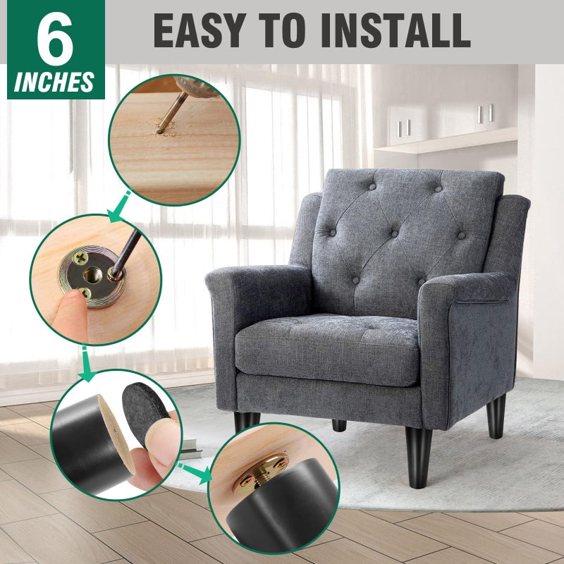 FoDau770 Black Rubber Wood Furniture Legs 6 Inches, Straight Tapered Wood Legs Mid Century Sofa Legs Set of 4, 5/16"" UNC Furniture Feet Replacement Legs for Cabinet Sofa Couch Dresser Chair Ottoman - Image 4